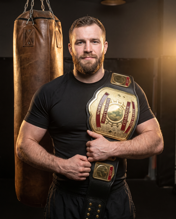 Man in training gear holding a Zees Belts CrownForge custom championship belt in a boxing gym