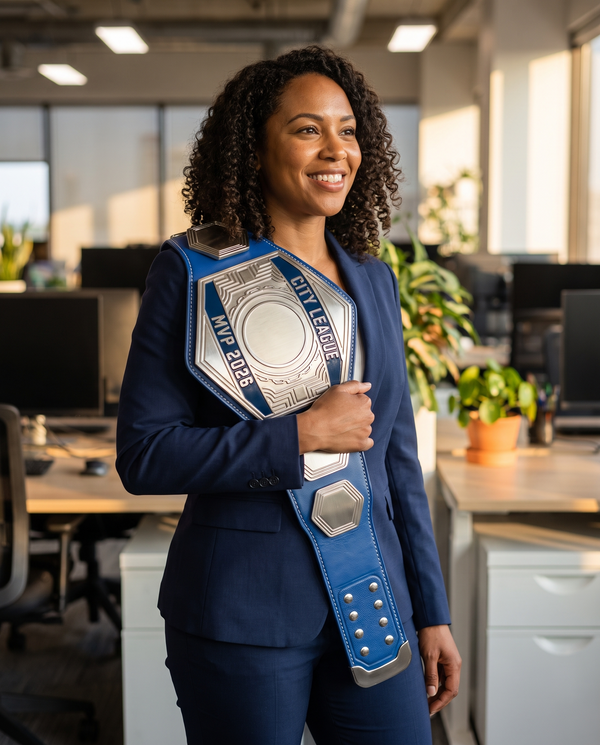 Woman in a navy suit in an office holding a silver hexagon Zees Belts custom championship belt on a royal blue strap, engraved City League MVP 2026