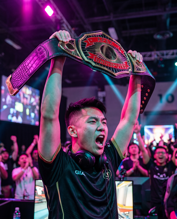 Esports player on stage raising a black and gold talon-plate Zees Belts custom championship belt engraved Apex Undisputed