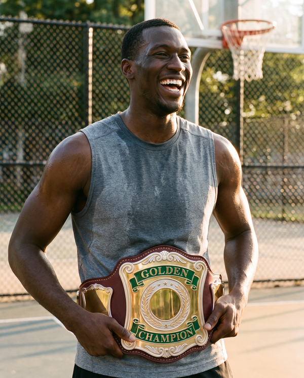 Basketball player on an outdoor court holding a dual-tone gold and silver scroll-plate Zees Belts custom championship belt on a burgundy strap, engraved Golden Champion