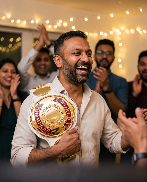 Man laughing at a celebration holding a gold oval-plate Zees Belts custom championship belt on a white strap, engraved World Champion